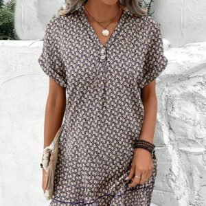 V-neck Loose Waist Printed Short Sleeve Dress