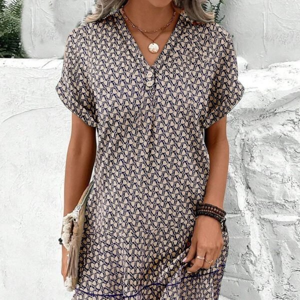 V-neck Loose Waist Printed Short Sleeve Dress