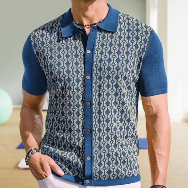 Summer Tencel Short-sleeved Sweater Lapel Jacquard Cardigan For Men - Image 7
