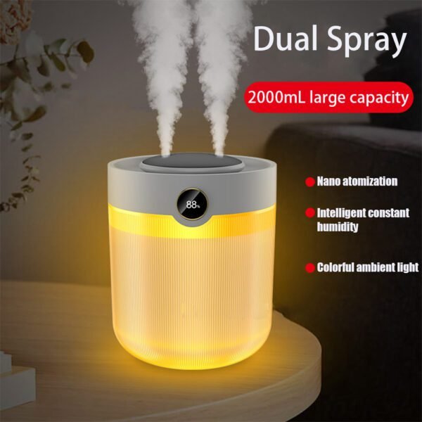Large Capacity 2L Humidity Digital Display Double Spray Humidifier USB Silent Home Desktop Water Refill Meter Fog Amount - Image 6