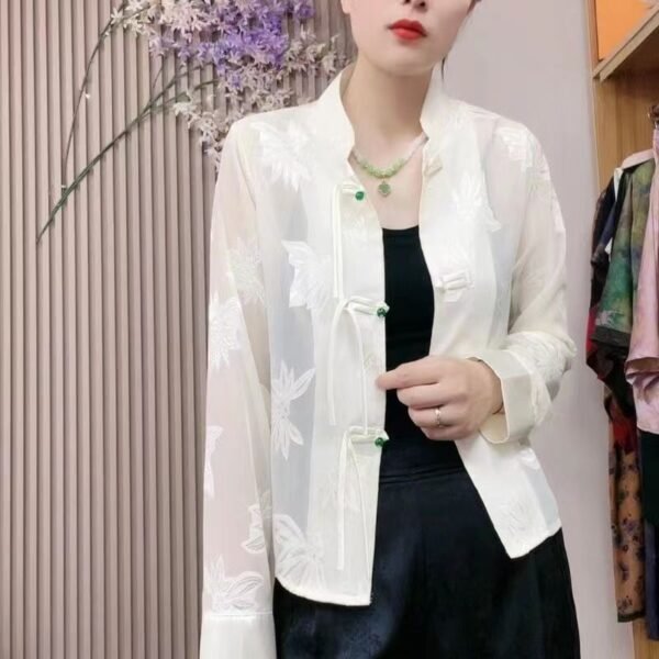 Women's Long-sleeved Thin Mandarin Collar Shirt New Chinese Top - Image 3