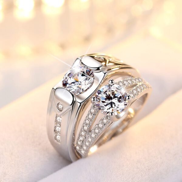 Romantic Silver Plated Diamond Couple Rings - Image 3