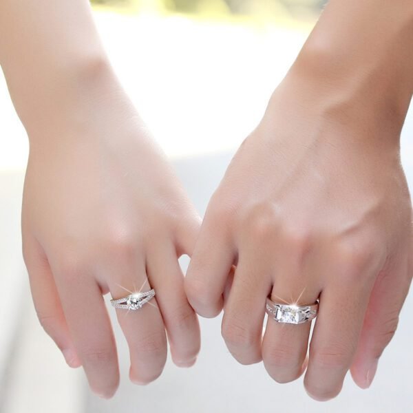 Romantic Silver Plated Diamond Couple Rings - Image 4