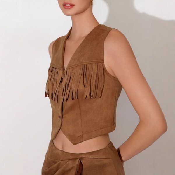 Western Denim Style V-neck Tassel Short Slim Fit Women's Sleeveless Vest Jacket Set - Image 4