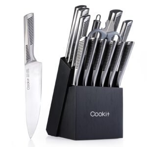 Premium 15-Piece Kitchen Knife Set with Block – German Stainless Steel Chef Knives, Non-Slip Hollow Handles, Scissors & Built-in Sharpener