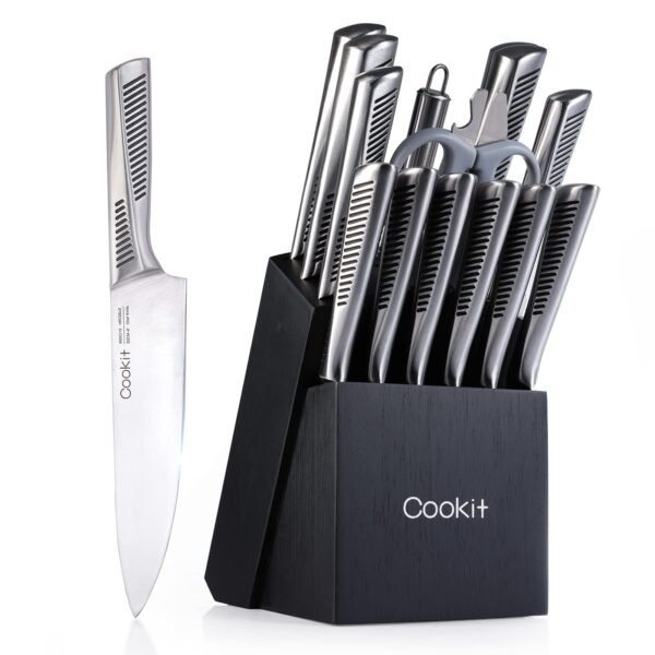 Premium 15-Piece Kitchen Knife Set with Block – German Stainless Steel Chef Knives, Non-Slip Hollow Handles, Scissors & Built-in Sharpener