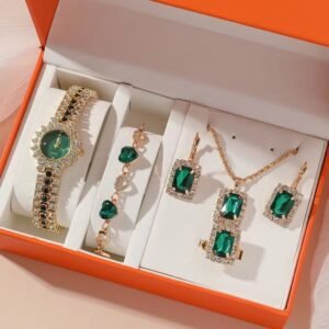 Elegant Green Watch & Ring Set – Stylish Quartz Design