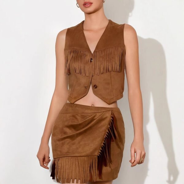 Western Denim Style V-neck Tassel Short Slim Fit Women's Sleeveless Vest Jacket Set - Image 5