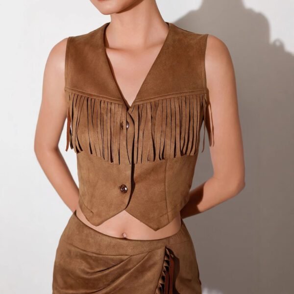 Western Denim Style V-neck Tassel Short Slim Fit Women's Sleeveless Vest Jacket Set - Image 6