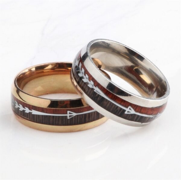 Stylish Stainless Steel Ring with Wood Grain & Arrow Inlay - Image 6