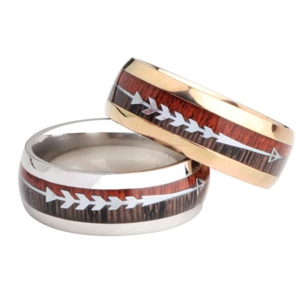 Stylish Stainless Steel Ring with Wood Grain & Arrow Inlay - Image 2