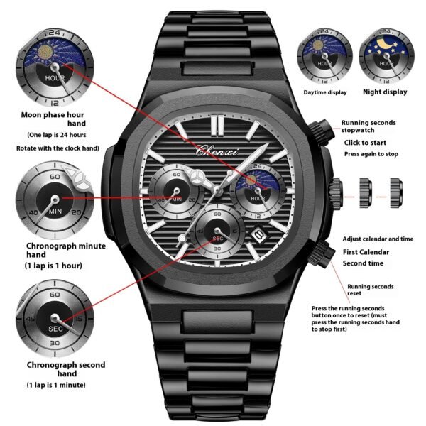 Multifunctional True Three Eyes Six-Pin Men’s Watch – Precision Engineering Meets Bold Style - Image 6