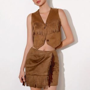 Western Denim Style V-neck Tassel Short Slim Fit Women's Sleeveless Vest Jacket Set