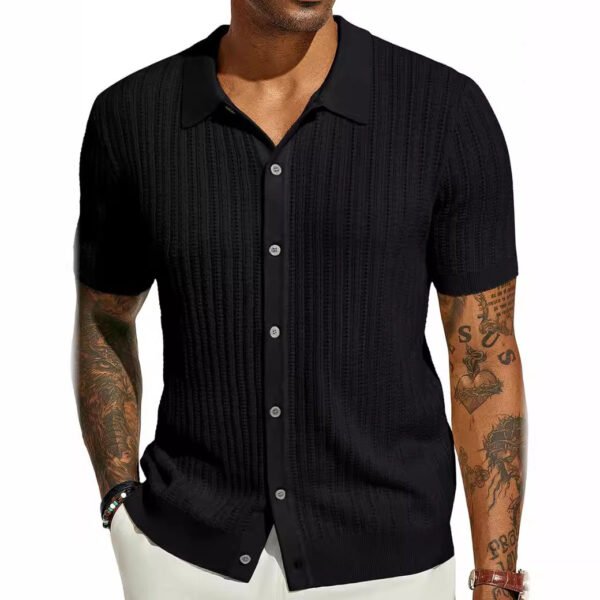 Summer Cool Knitted Men's Shirt Short Sleeved Lapel Solid Color - Image 3