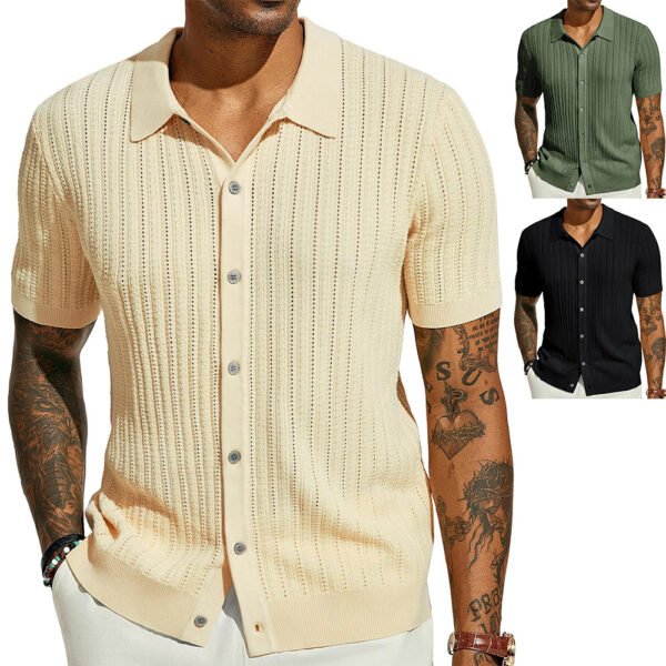Summer Cool Knitted Men's Shirt Short Sleeved Lapel Solid Color - Image 2