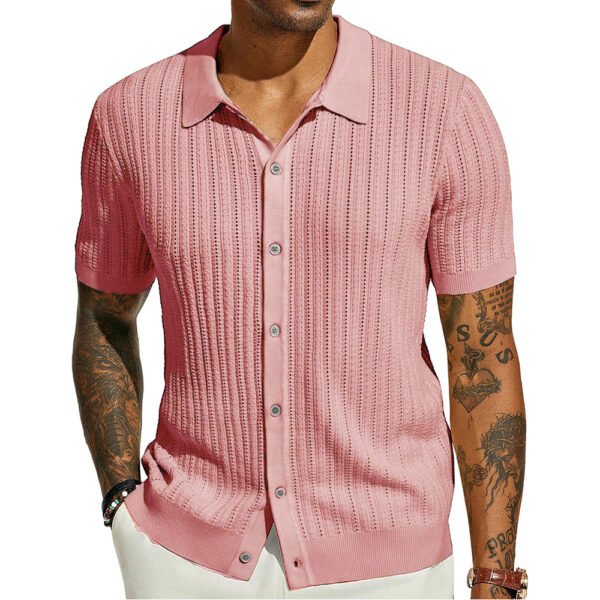 Summer Cool Knitted Men's Shirt Short Sleeved Lapel Solid Color - Image 7