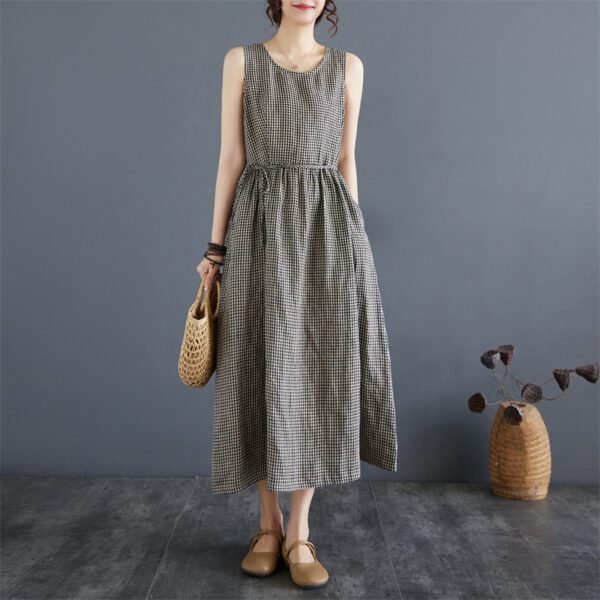 Retro Plaid Cotton-Linen Vest Skirt Summer Wear for Women - Image 5