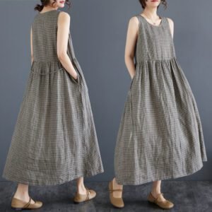 Retro Plaid Cotton-Linen Vest Skirt Summer Wear for Women