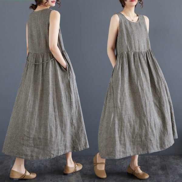 Retro Plaid Cotton-Linen Vest Skirt Summer Wear for Women