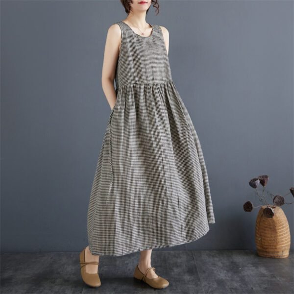Retro Plaid Cotton-Linen Vest Skirt Summer Wear for Women - Image 3