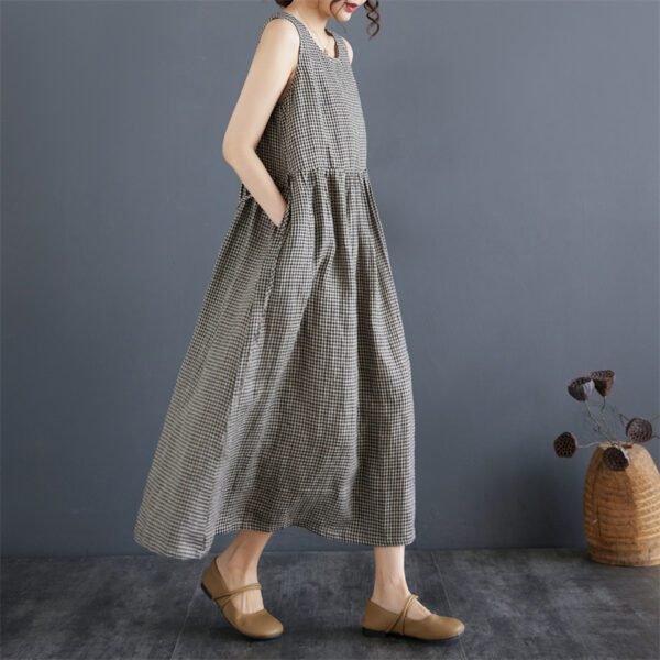 Retro Plaid Cotton-Linen Vest Skirt Summer Wear for Women - Image 2