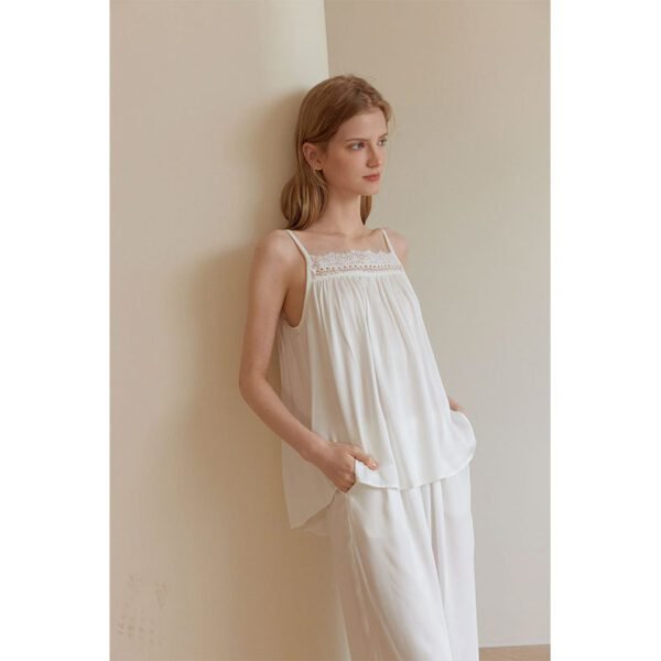 Rayon Satin Pure Desire Pajamas White Suit Lace Loose Comfortable Suspender Trousers - Image 4