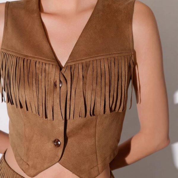 Western Denim Style V-neck Tassel Short Slim Fit Women's Sleeveless Vest Jacket Set - Image 2
