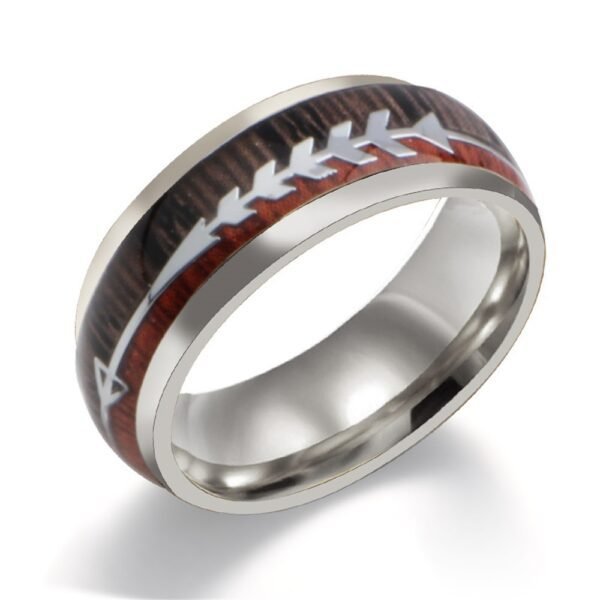 Stylish Stainless Steel Ring with Wood Grain & Arrow Inlay - Image 4