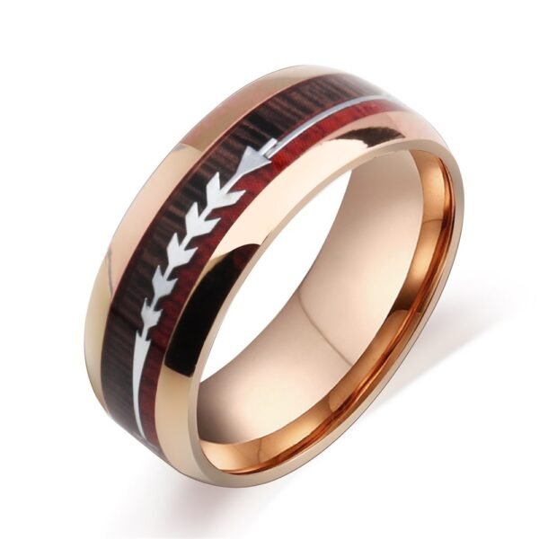 Stylish Stainless Steel Ring with Wood Grain & Arrow Inlay - Image 3