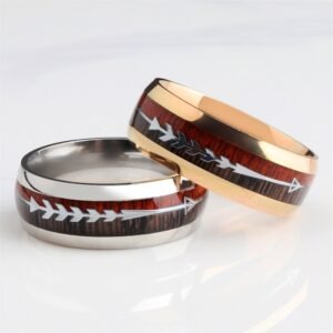 Stylish Stainless Steel Ring with Wood Grain & Arrow Inlay
